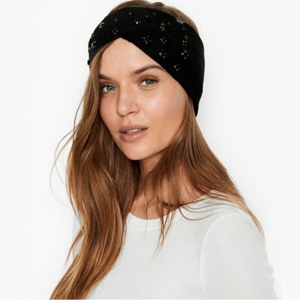 Victoria Secret Black Knit Jeweled Headband and Gloves Gift Set
